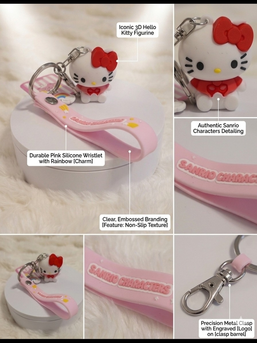 Sanrio Hello Kitty Pink Silicone Wristlet Keychain with Red Bow Charm